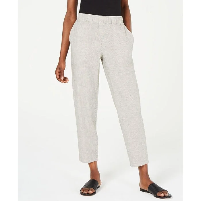 Eileen Fisher Women's Organic Cotton Linen Ticking Stripe Tapered Ankle Casual Pants White Size Large