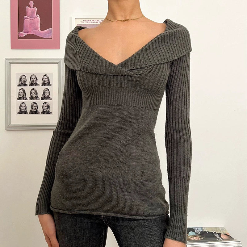 Zamyra V-Neck Lapel Sweater Top