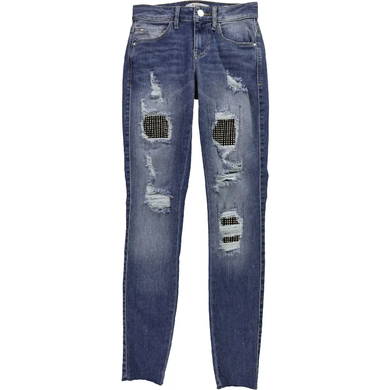 GUESS Womens Ripped Embellished Skinny Fit Jeans, Blue, 24