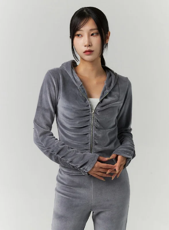 Velvet Shirred Hoodie Zip Up Jacket CN321