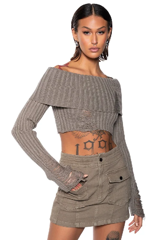 GALE OFF THE SHOULDER DISTRESSED SWEATER