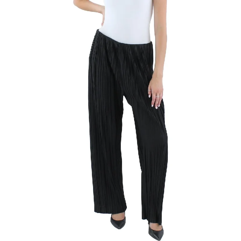 Womens Pleated Textured Wide Leg Pants