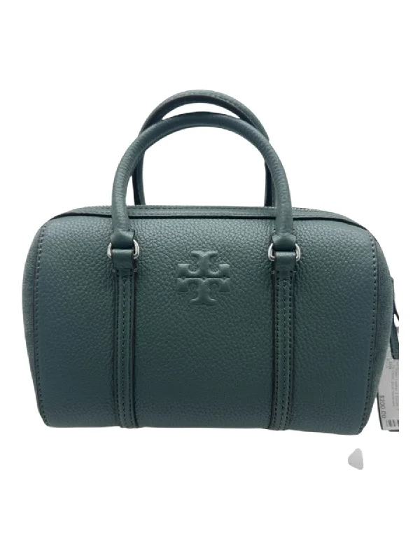 Tory Burch Teal Green Leather & Suede 2 Handles Zip Close silver hardware Bag