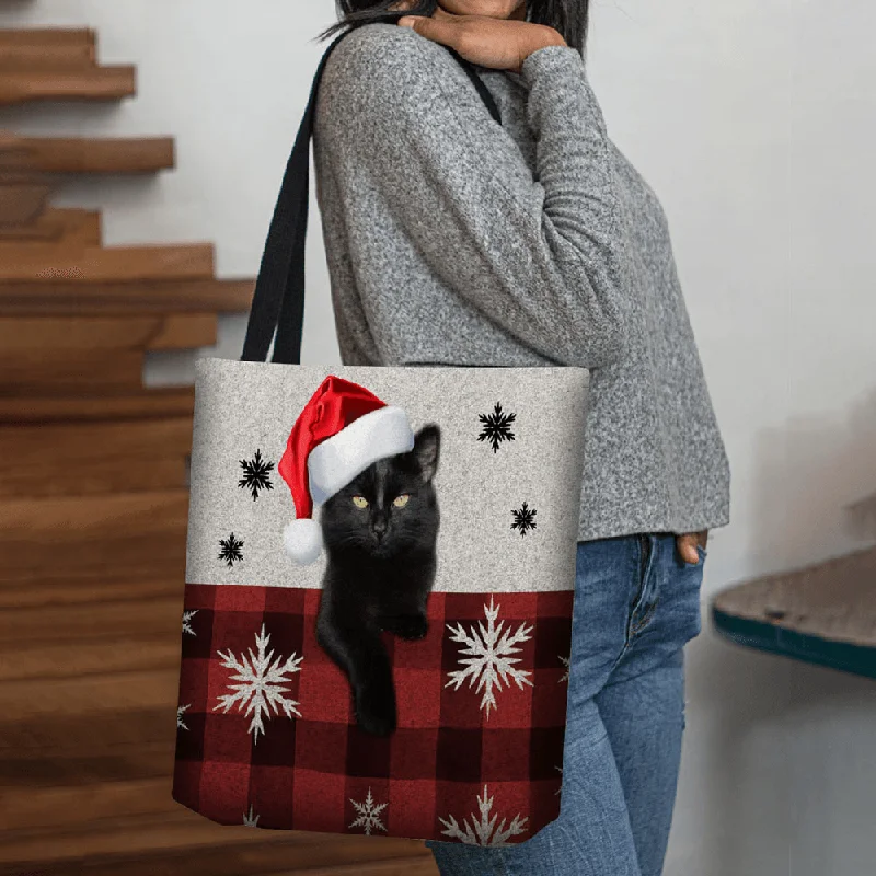 Women Felt Cute Cartoon Festive Christmas Dressed Cat Snowflake Pattern Shoulder Bag Handbag Tote