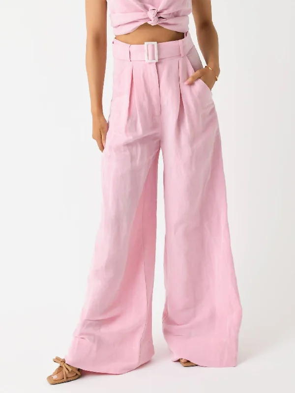 Wide Leg Pleated Pant In Pink Viscose Linen