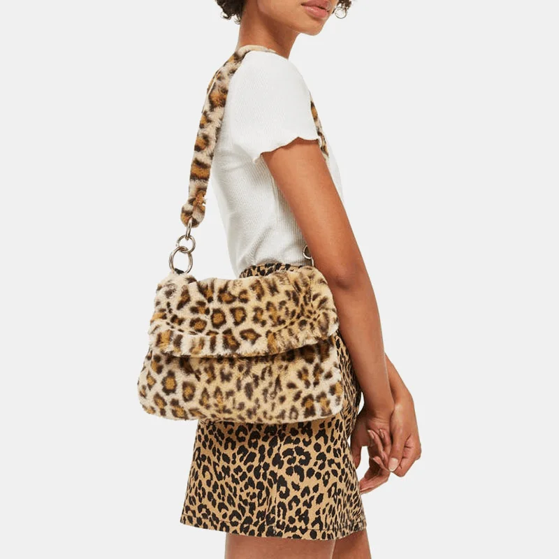 Women Felt Fashion Casual Leopard Pattern Soft Warm Shoulder Bag Handbag