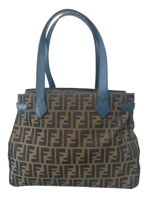 Fendi Brown & Blue Print Canvas & Leather Zucca Monogram Tote Bag