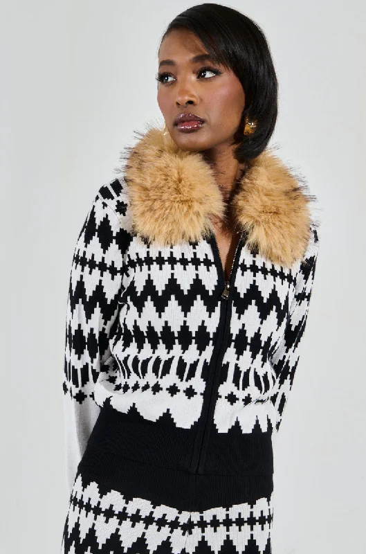 APRES SKI BADDIE FUR TRIM ZIP UP SWEATER