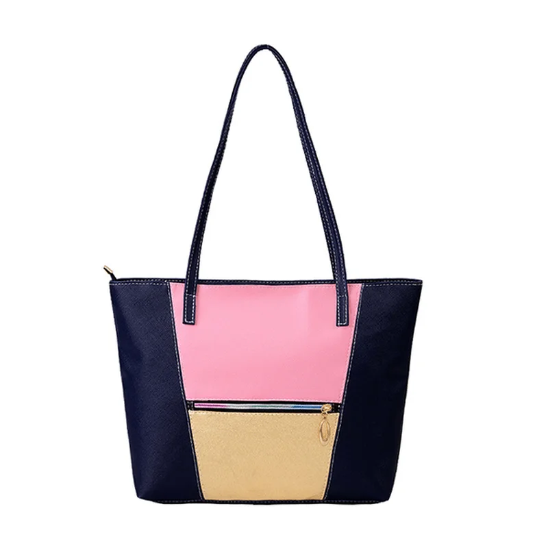 Women PU Leather Large Capacity Color Block Handbag Shoulder Bag