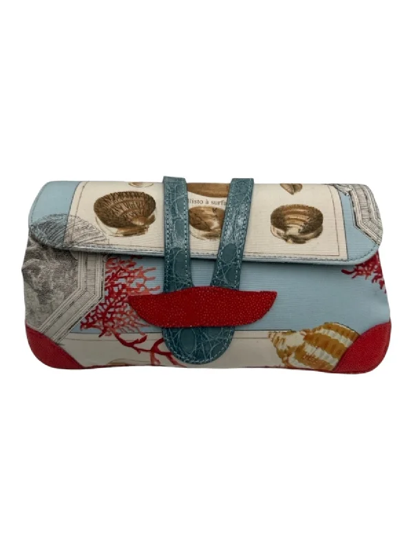 Dotti White Blue & Multi Canvas Shell Print Top Flap Reptile Detail Clutch Bag