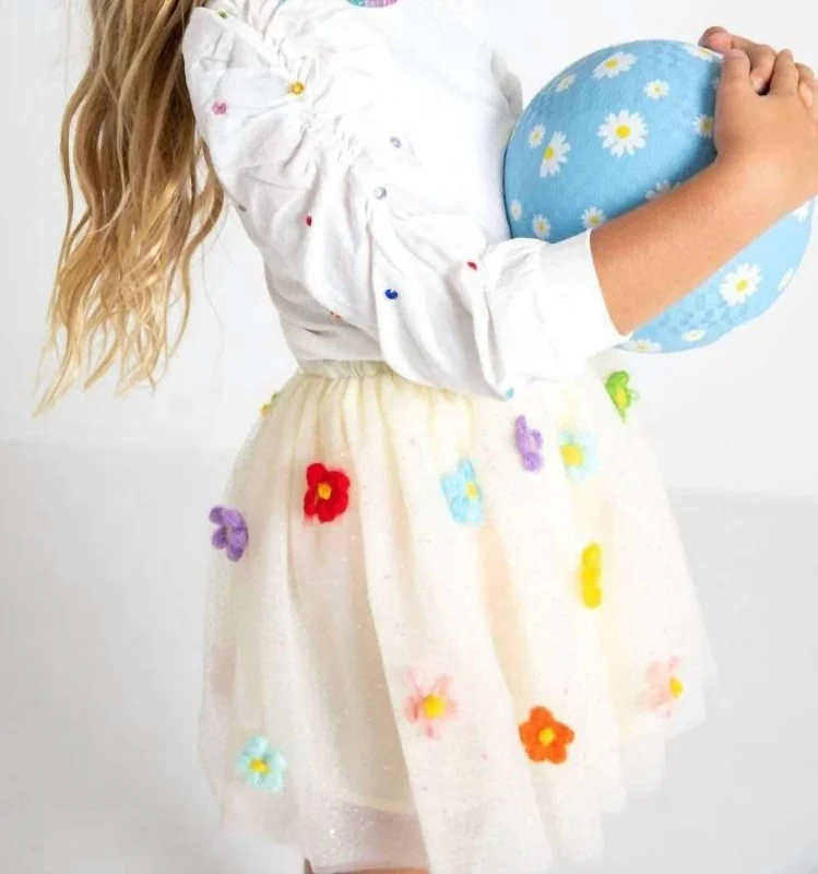 Girls Rainbow Daisy Puff Tutu Skirt In Ivory