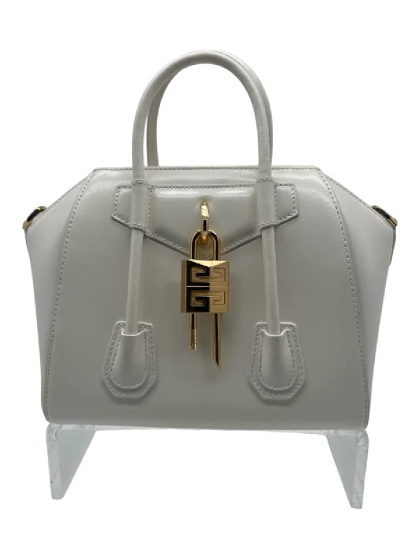 Givenchy White & Gold Calfskin Leather 2 Handles Gold Hardware Crossbody Bag