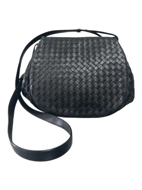 Bottega Veneta Black Leather Front Flap Woven Magnetic Close Crossbody Bag