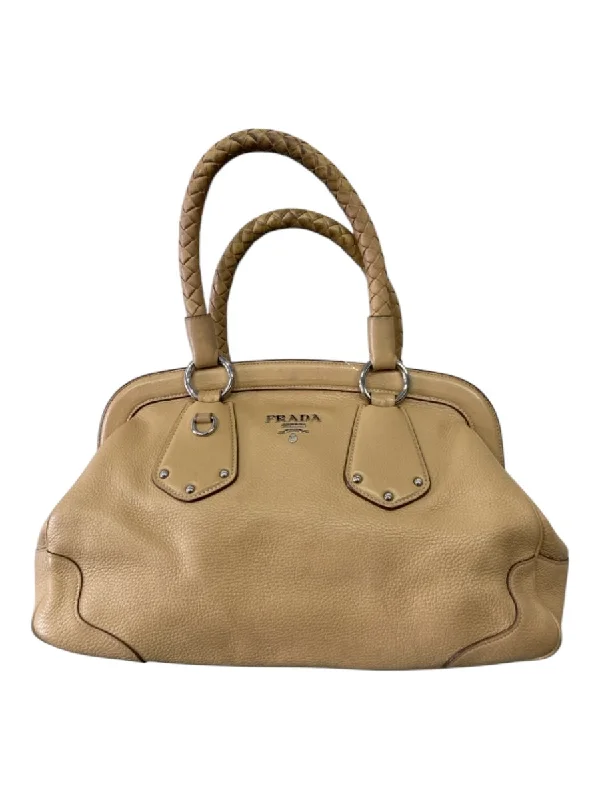 Prada Beige Leather Pebbled Hand Magnetic Close Braided Bag