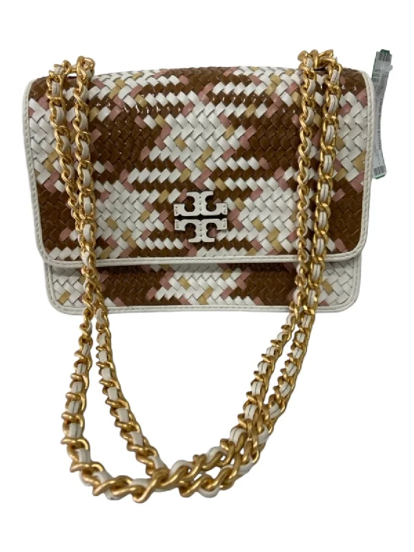 Tory Burch White, Brown & Pink Leather Weave Logo Chain Strap Gold Hardware Bag