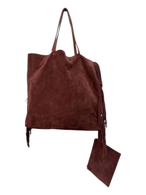 All Saints Reddish Brown Suede Fringe Open Top Bag