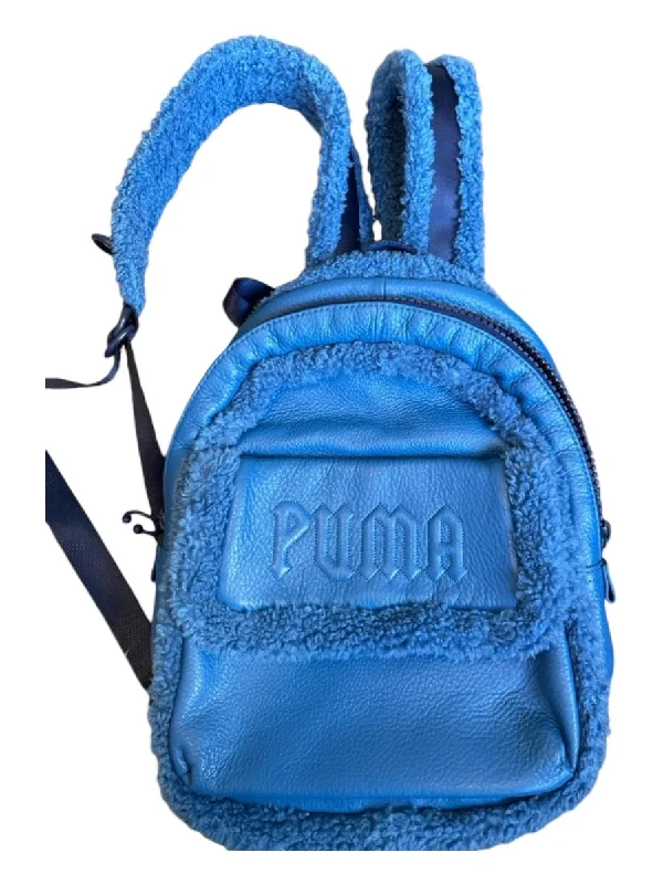 Puma Blue Leather Faux Shearling Zip Close Athletic Backpack