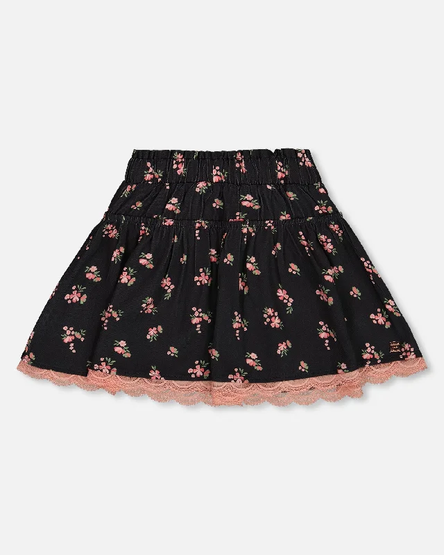 Printed Flowers Flare Viscose Skirt Black