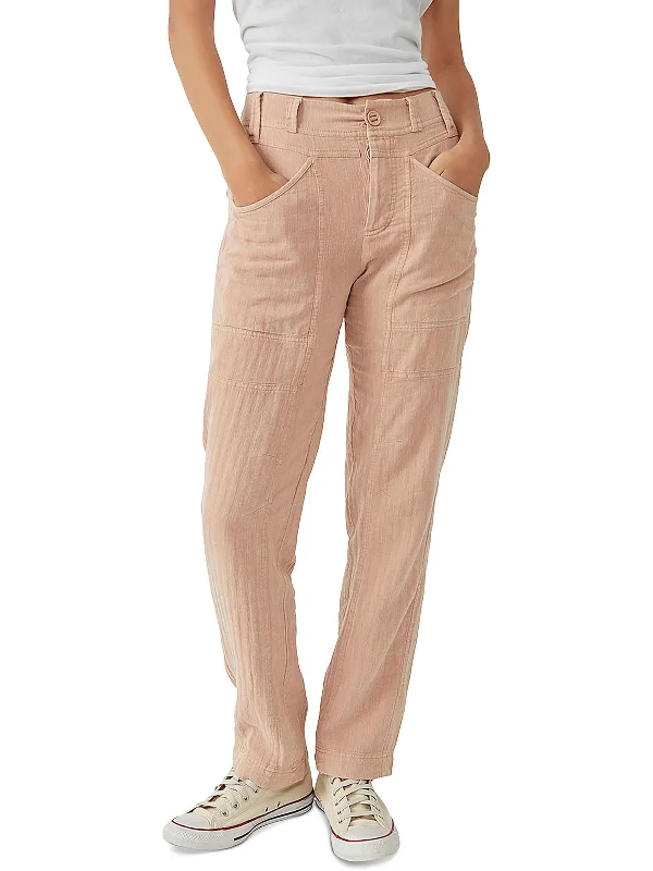 Womens Pockets Elastic Straight Leg Pants