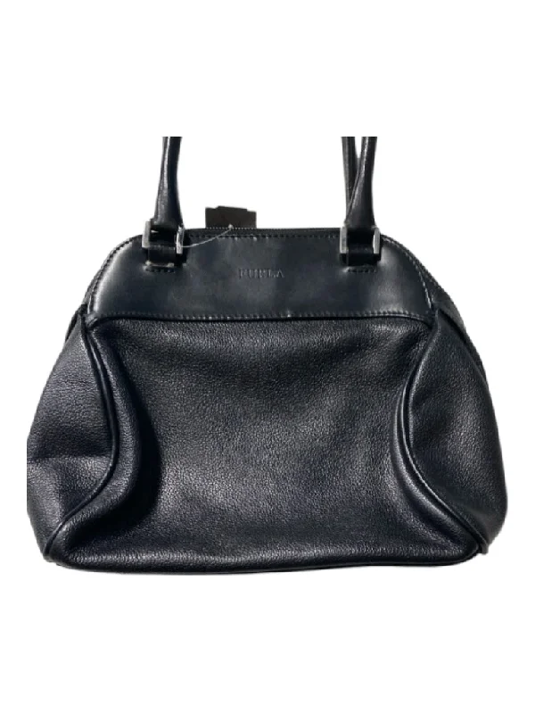 Furla Black Leather Zip Top 2 handles Pebbled Silver hardware Bag