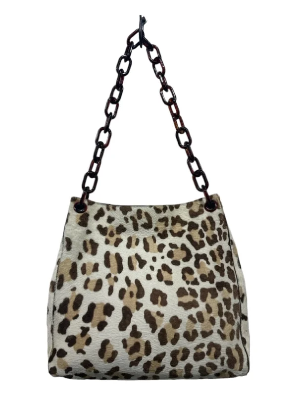 Prada White, Brown, Tan Pony Hair Leather Leopard Acrylic Chain Strap Hobo Bag