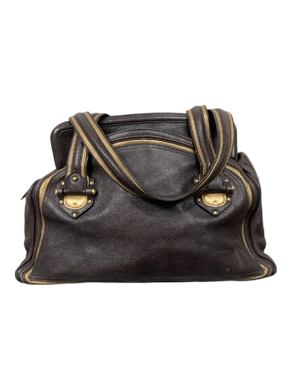 Zac Posen Brown & Gold Leather Zip Close Two Straps Metallic Detail Bag