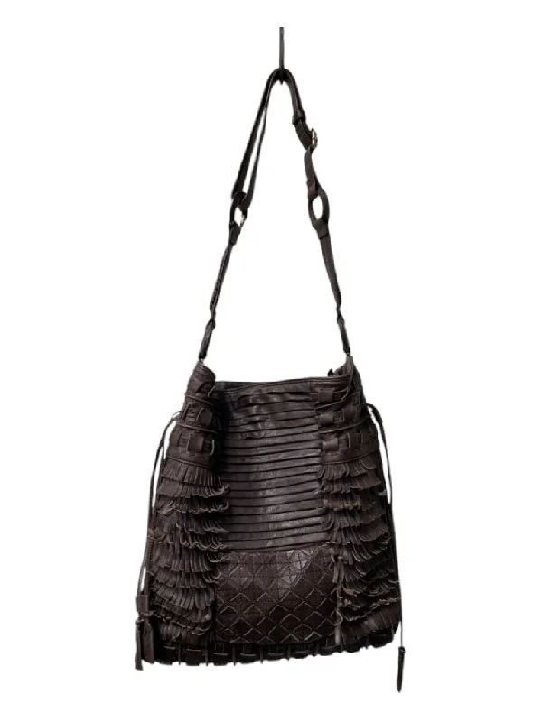 David & Scotti Brown Leather Fringe Crossbody Mirror Attachment Bag