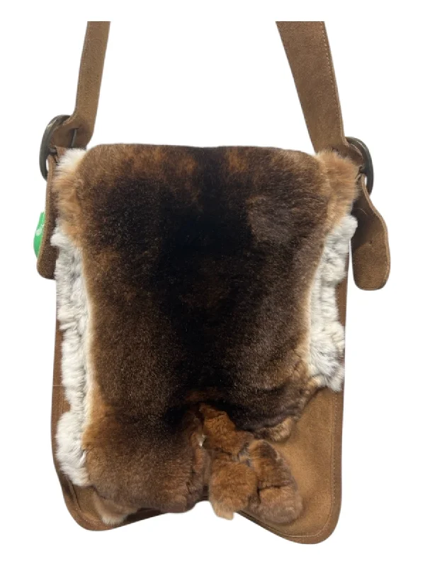 Elena Girardi Brown & White Leather Suede Rabbit Fur Crossbody Messenger Bag