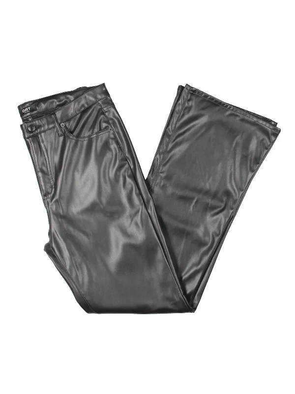 Womens Faux Leather Mid Rise Flared Pants