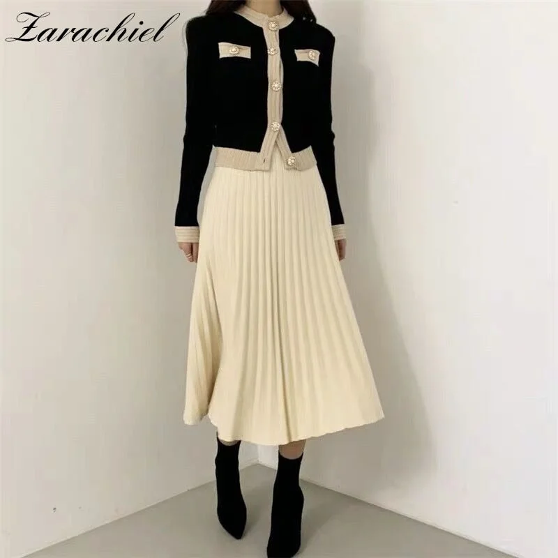 Single Breasted Pearl Buttons Cardigan Sweater+Pleated Long Skirt Suit  2 Piece Set