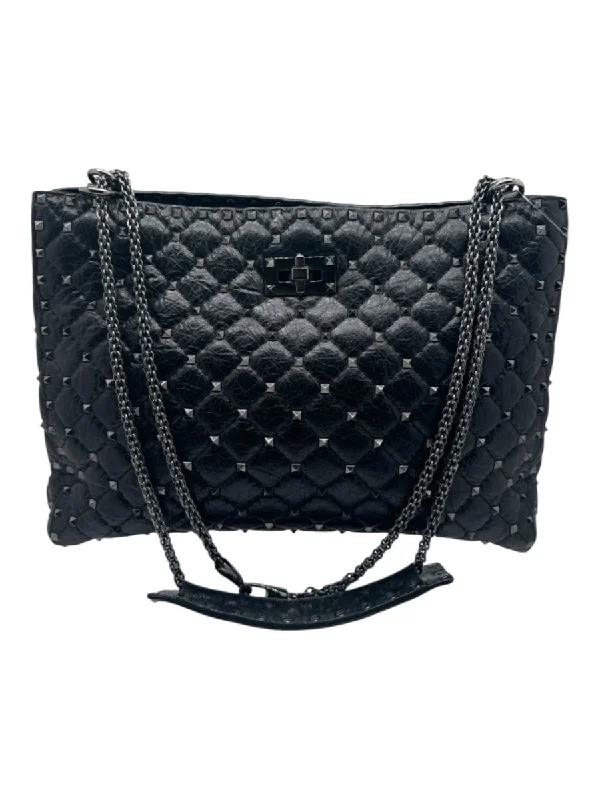 Valentino Garavani Black Leather Metal Studded Quilted Turn Lock Bag