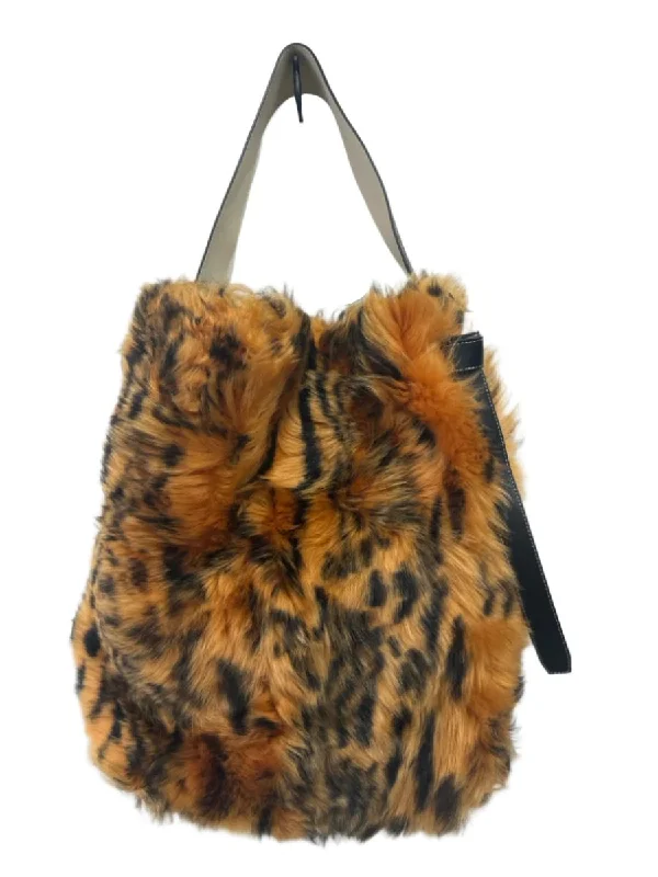 Celine Black & Orange Leather Fur Animal Print Shoulder Bag Tote Bag