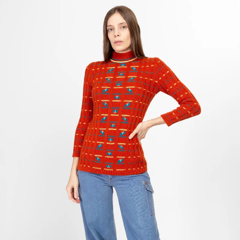 XS 70s Burnt Orange Woven Butterfly Turtleneck Sweater