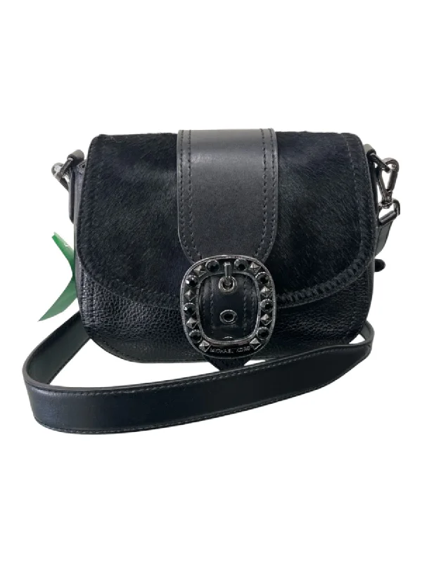 Michael Kors Black Pebbled Leather Ponyhair Jeweled Buckle Crossbody Bag