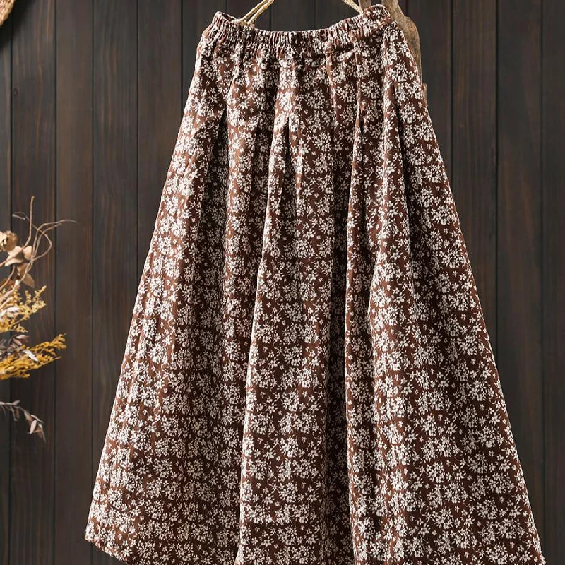 Women Spring Vintage Printed Floral Cotton A-Line Skirt