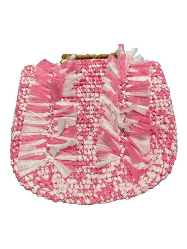 Frances Valentine Pink & White PP Straw Top Handle Open Top Woven Tote Bag