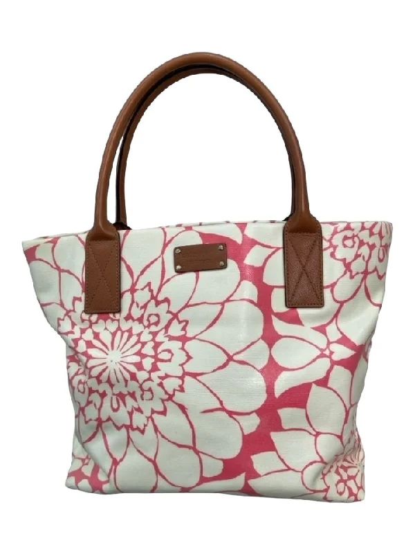 Kate Spade White Pink Brown Canvas Floral Double Top Handle Tote Bag