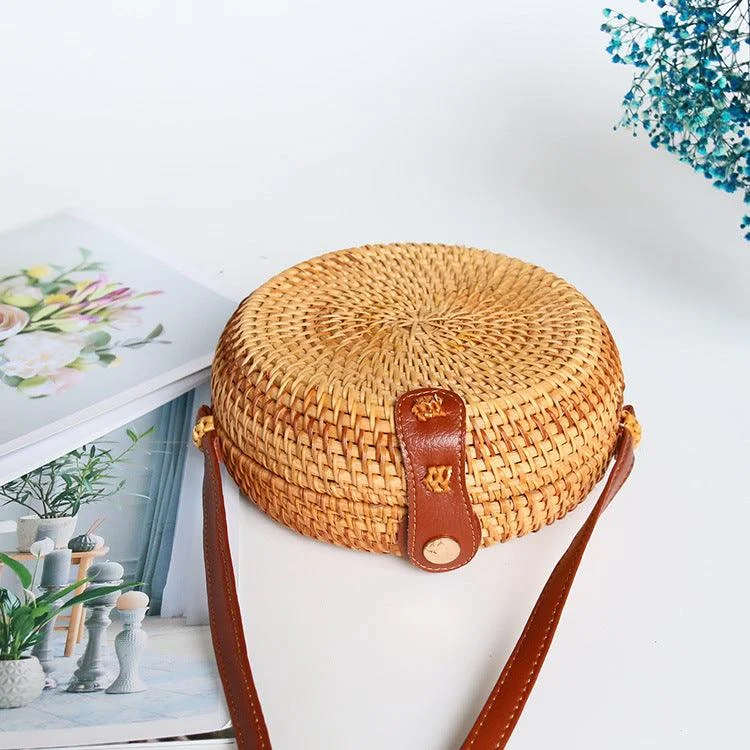 Rattan Weave Bag Retro Women's One Shoulder Small Round Bag