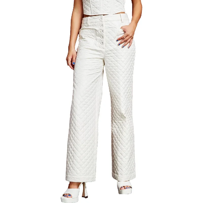 Womens Quilted Button Fly Wide Leg Pants