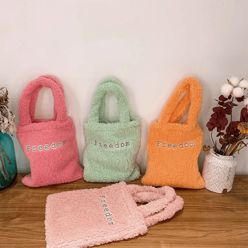 Women Lamb Wool Letter Pattern Solid Color Soft Small Handbag