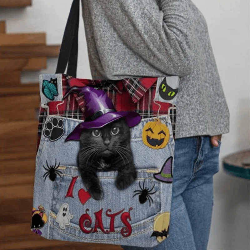 Women Canvas Magic Hat Three-Dimensional 3D Cute Black Cat Handbag Tote Shoulder Bag