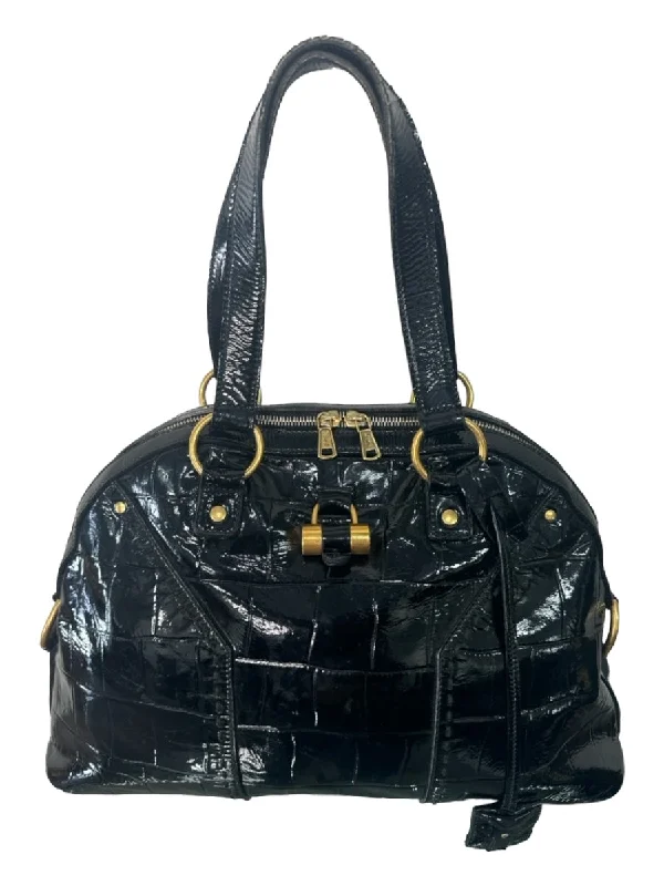 Yves Saint Laurent Black Patent Leather Goldtone Trim Zip Close Tote Bag