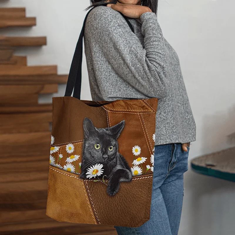 Women Felt Cute 3D Three-Dimensional Black Cat Daisy Pattern Shoulder Bag Handbag Tote