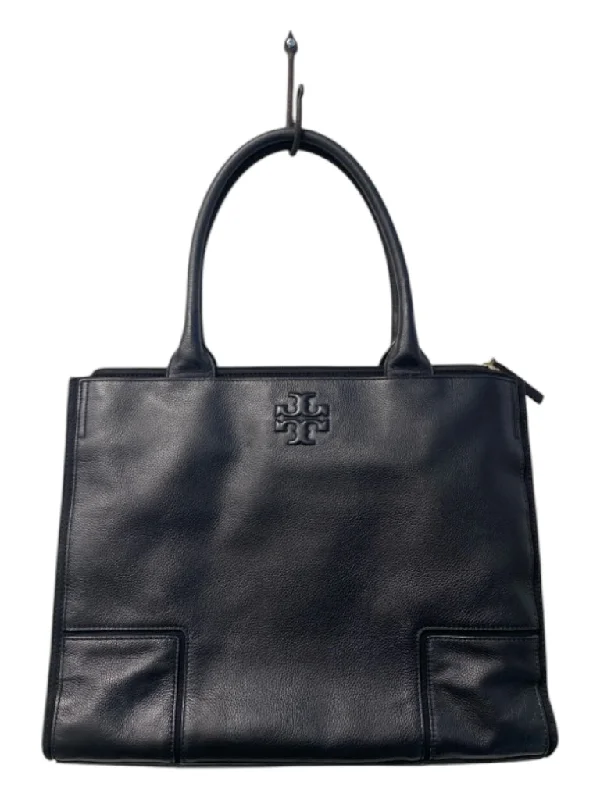 Tory Burch Black Leather 2 Handles Double Top Zip Logo Tote Bag