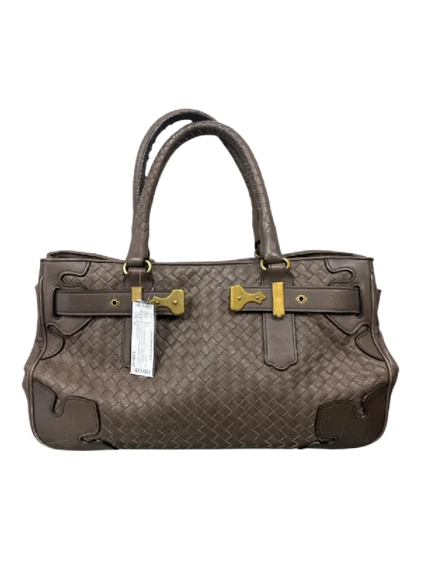 Bottega Veneta Taupe Woven Gold Buckle 2 handles Magnetic Closure Tote Bag