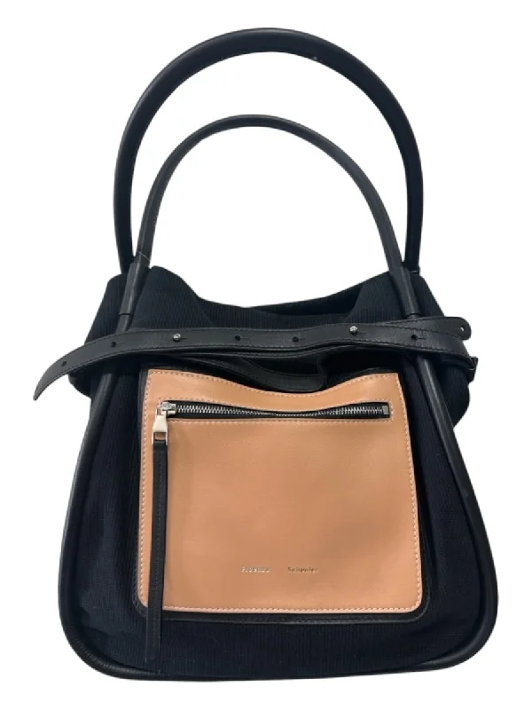 Proenza Schouler Black & Tan Canvas & Leather Tote Zip Front Open Top Bag