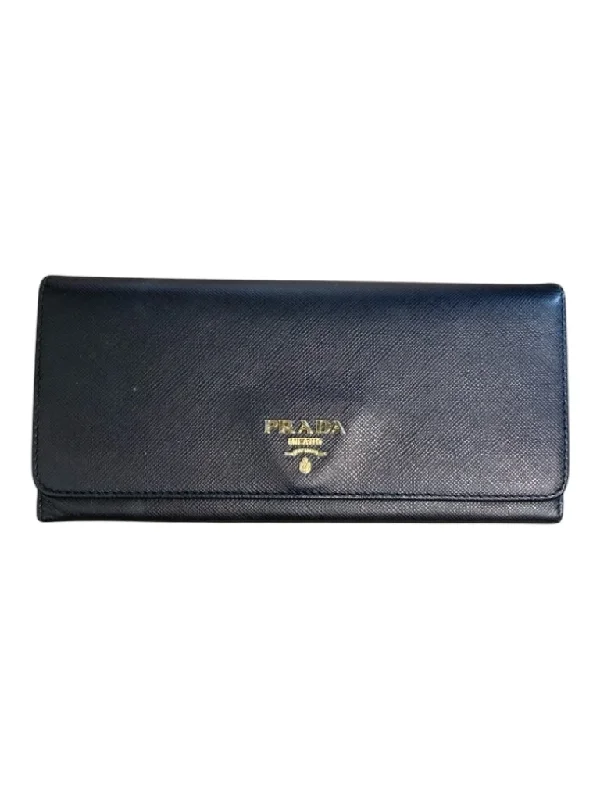 Prada Black Saffiano Leather Bi-Fold Gold Hardware Snap Closure Wallets