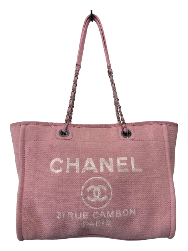 Chanel Pink & White Cotton Canvas Knit Silver Hardware Tote Bag