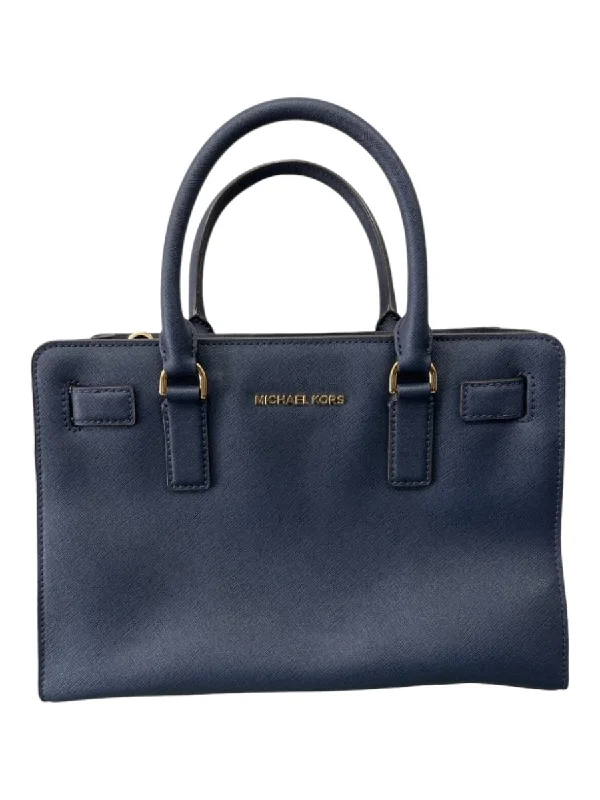 Michael Kors Navy Leather Pebbled Zip Close GHW Top Handles Bag