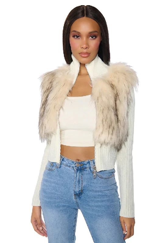 COLDEST WINTER ZIP UP FAUX FUR TRIM KNIT SWEATER IN IVORY